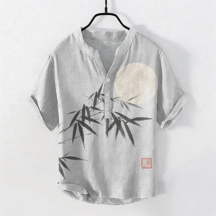 Buddha Stones Camisa de manga corta con medio botón para hombre, de algodón, con estampado de hojas de bambú y luna. - Gris claro - US/UK/AU50, EU60 (5XL) - image 5