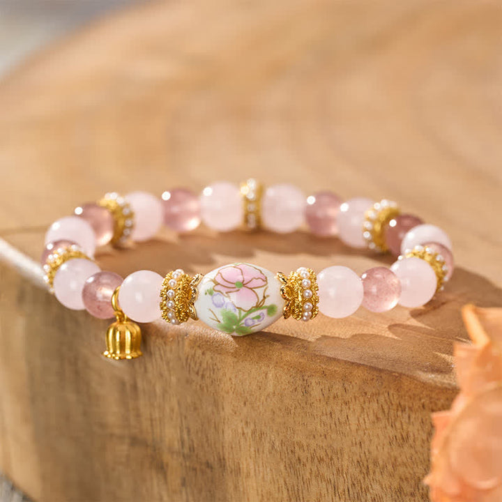 Buddha Stones Colgante de loto con cuentas redondas de cuarzo rosa y cuarzo fresa natural. - Cuarzo fresa Cuarzo rosa (Circunferencia de la muñeca: 15–16 cm) - image 0
