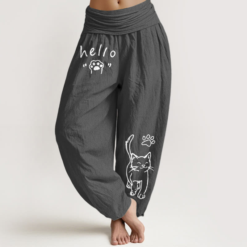Buddha Stones Pantalones harem de algodón puro con estampado de huellas de gato y cintura elástica para mujer. - Gris oscuro - US16，UK/AU20，EU48 (3XL) - image 8