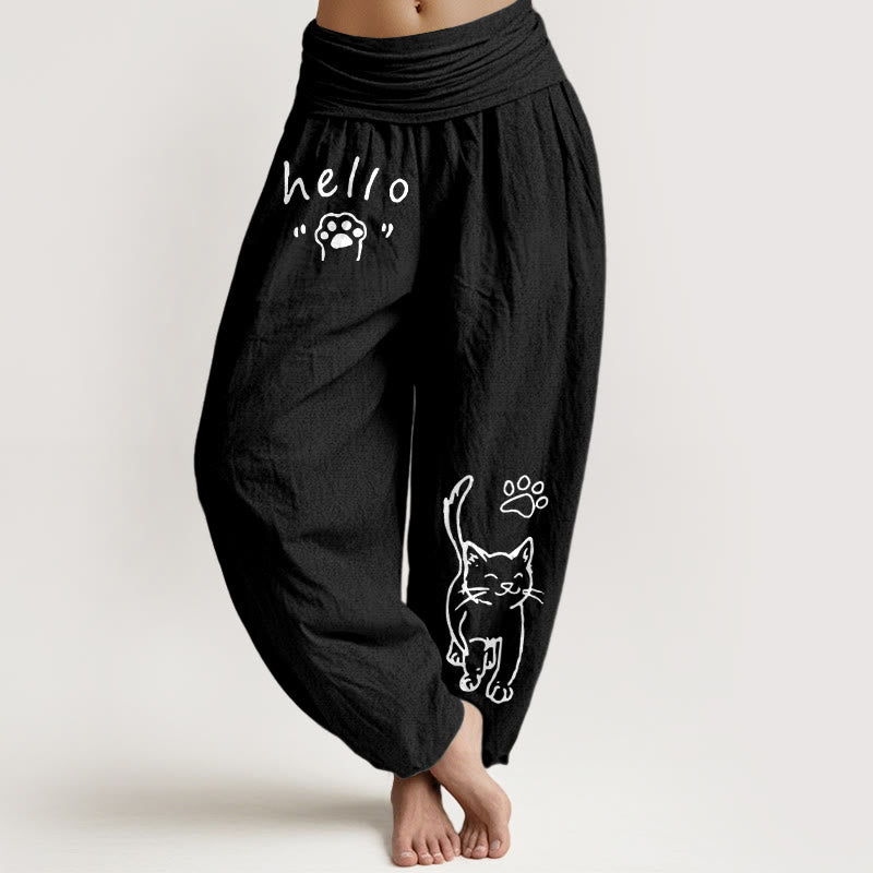 Buddha Stones Pantalones harem de algodón puro con estampado de huellas de gato y cintura elástica para mujer. - Negro - US16，UK/AU20，EU48 (3XL) - image 0