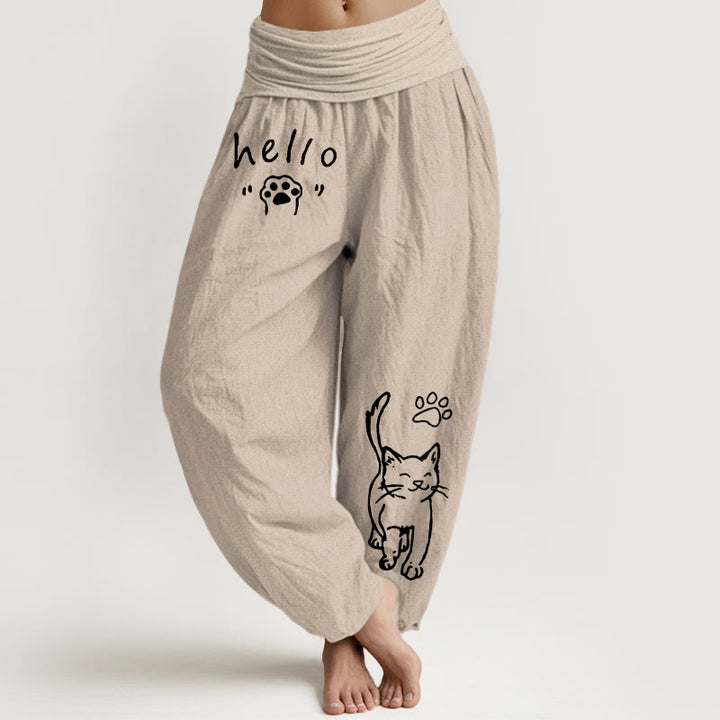 Buddha Stones Pantalones harem de algodón puro con estampado de huellas de gato y cintura elástica para mujer. - Broncearse - US16，UK/AU20，EU48 (3XL) - image 11