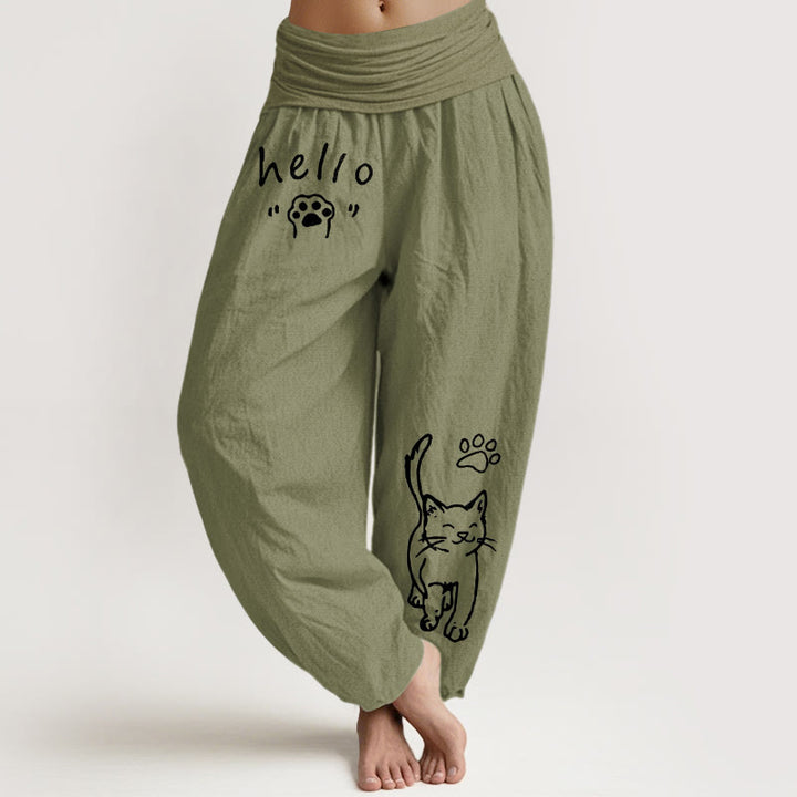 Buddha Stones Pantalones harem de algodón puro con estampado de huellas de gato y cintura elástica para mujer. - Verde oliva - US16，UK/AU20，EU48 (3XL) - image 14