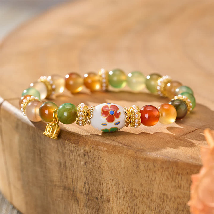 Buddha Stones Colgante de loto con cuentas cilíndricas de cerámica y ágata pavo real natural, pulsera de cuentas redondas que transmiten confianza. - Ágata pavo real (circunferencia de la muñeca: 15–16 cm) - image 0