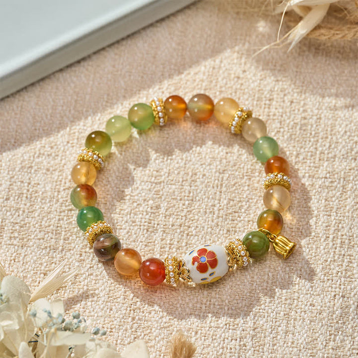 Buddha Stones Colgante de loto con cuentas cilíndricas de cerámica y ágata pavo real natural, pulsera de cuentas redondas que transmiten confianza. - image 2