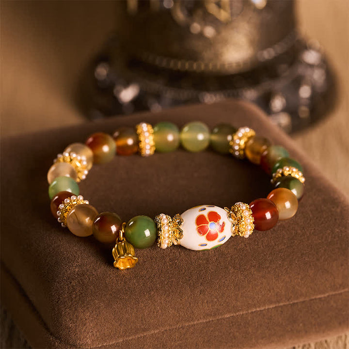 Buddha Stones Colgante de loto con cuentas cilíndricas de cerámica y ágata pavo real natural, pulsera de cuentas redondas que transmiten confianza. - image 1