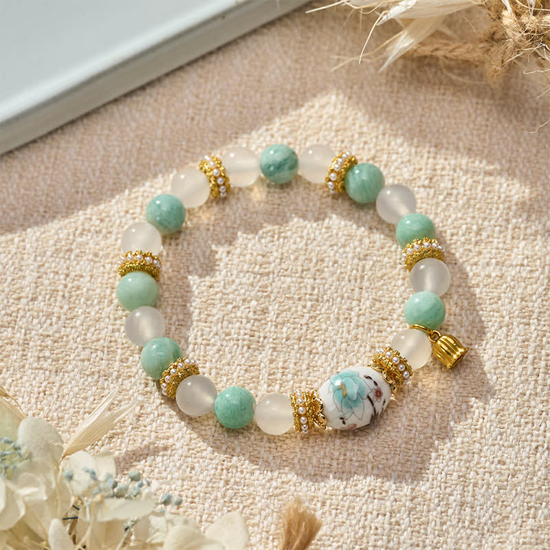 Buddha Stones Colgante de flor de cuentas redondas de cerámica de ágata amazonita blanca Pulsera de cuentas redondas de pureza - Amazonita de ágata blanca (circunferencia de la muñeca: 15–16 cm) - image 0
