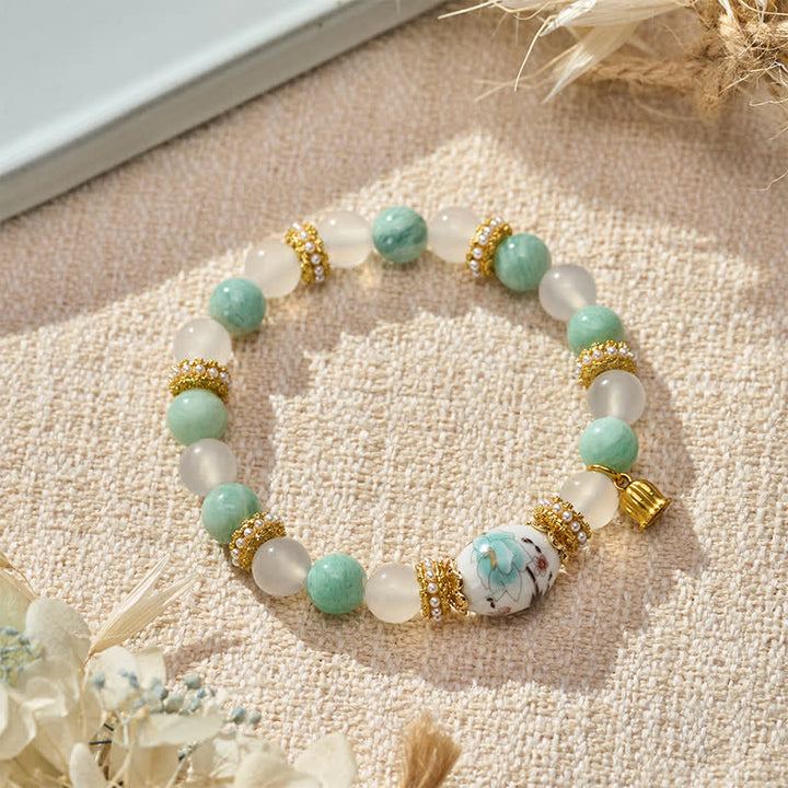 Buddha Stones Colgante de flor de cuentas redondas de cerámica de ágata amazonita blanca Pulsera de cuentas redondas de pureza - Amazonita de ágata blanca (circunferencia de la muñeca: 15–16 cm) - image 0