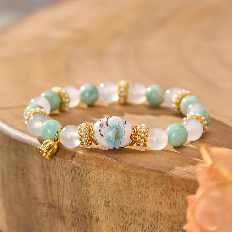 Buddha Stones Colgante de flor de cuentas redondas de cerámica de ágata amazonita blanca Pulsera de cuentas redondas de pureza - image 3