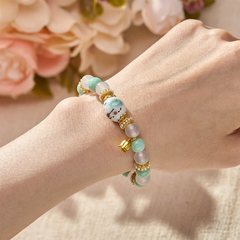 Buddha Stones Colgante de flor de cuentas redondas de cerámica de ágata amazonita blanca Pulsera de cuentas redondas de pureza - image 4