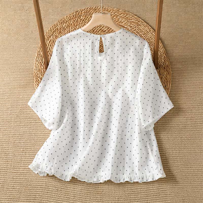Buddha Stones Camisetas de manga corta para mujer, estilo casual de verano, con estampado de lunares y bajo con volantes. - image 12