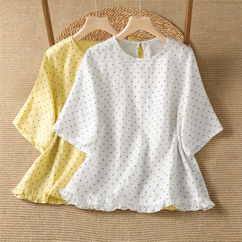 Buddha Stones Camisetas de manga corta para mujer, estilo casual de verano, con estampado de lunares y bajo con volantes. - image 16