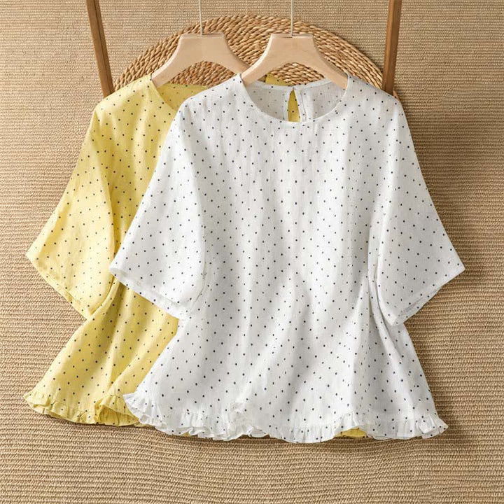 Buddha Stones Camisetas de manga corta para mujer, estilo casual de verano, con estampado de lunares y bajo con volantes. - image 16