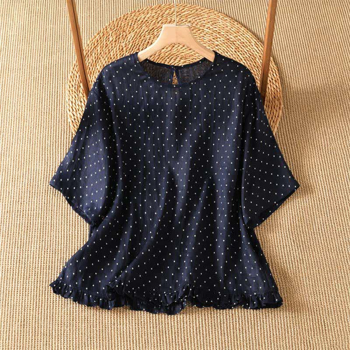 Buddha Stones Camisetas de manga corta para mujer, estilo casual de verano, con estampado de lunares y bajo con volantes. - Azul medianoche - US8-10, UK/AU12-14, EU40-42 (2XL) - image 5