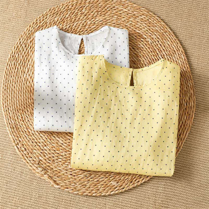 Buddha Stones Camisetas de manga corta para mujer, estilo casual de verano, con estampado de lunares y bajo con volantes. - image 17