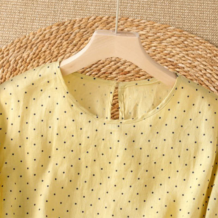 Buddha Stones Camisetas de manga corta para mujer, estilo casual de verano, con estampado de lunares y bajo con volantes. - image 2