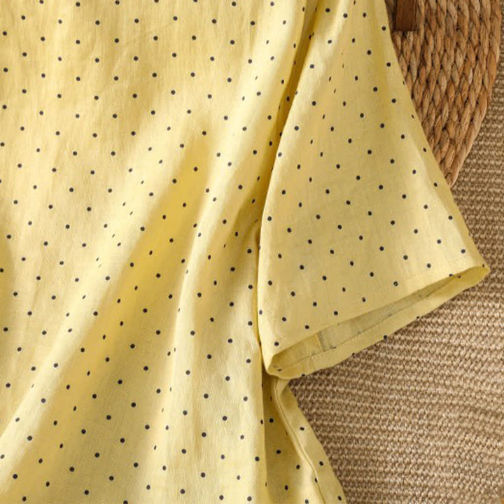 Buddha Stones Camisetas de manga corta para mujer, estilo casual de verano, con estampado de lunares y bajo con volantes. - image 4