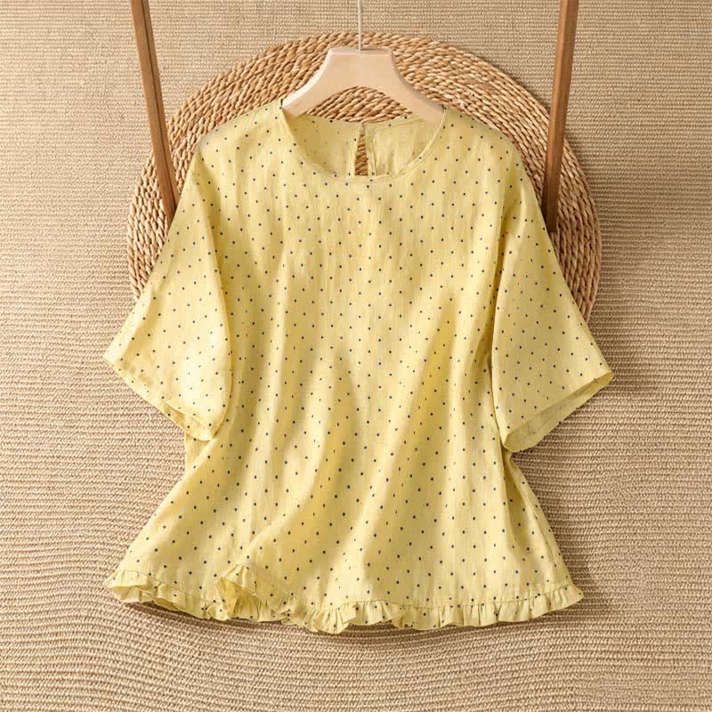 Buddha Stones Camisetas de manga corta para mujer, estilo casual de verano, con estampado de lunares y bajo con volantes. - Amarillo claro - US8-10, UK/AU12-14, EU40-42 (2XL) - image 0