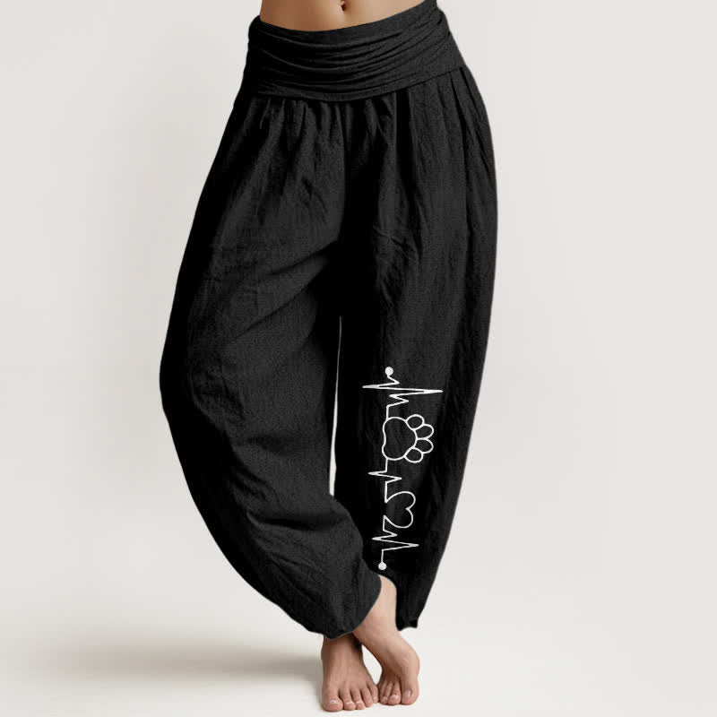 Buddha Stones Pantalones harem de mujer con cintura elástica y estampado de huella de pata y latido de corazón, de algodón puro. - Negro - US16，UK/AU20，EU48 (3XL) - image 5