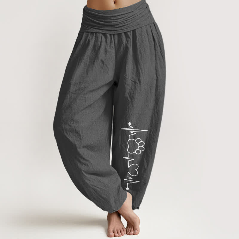 Buddha Stones Pantalones harem de mujer con cintura elástica y estampado de huella de pata y latido de corazón, de algodón puro. - Gris oscuro - US16，UK/AU20，EU48 (3XL) - image 8