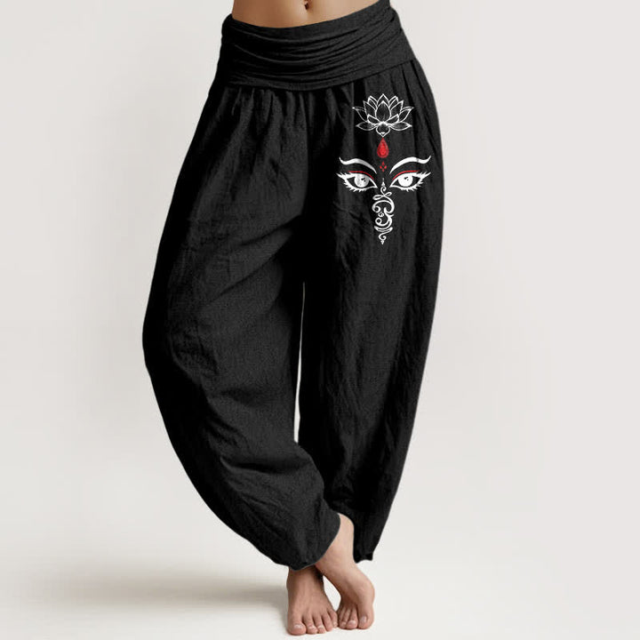 Buddha Stones Pantalones harem de mujer con cintura elástica, estampado de ojo de loto blanco y algodón puro para mujer. - Negro - US16，UK/AU20，EU48 (3XL) - image 0