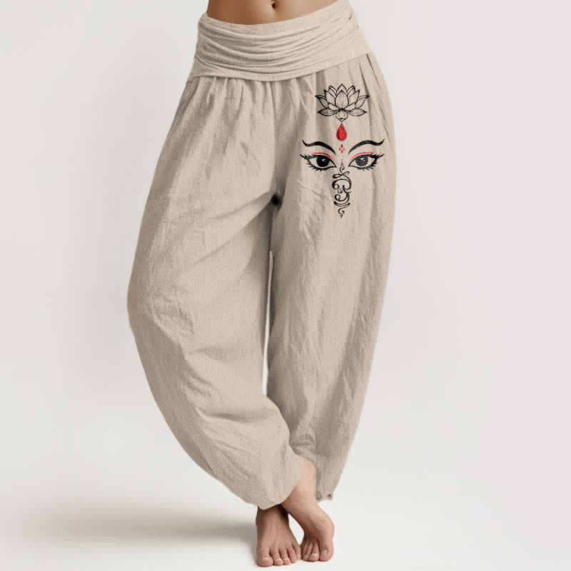 Buddha Stones Pantalones harem de mujer con cintura elástica, estampado de ojo de loto blanco y algodón puro para mujer. - Broncearse - US16，UK/AU20，EU48 (3XL) - image 11