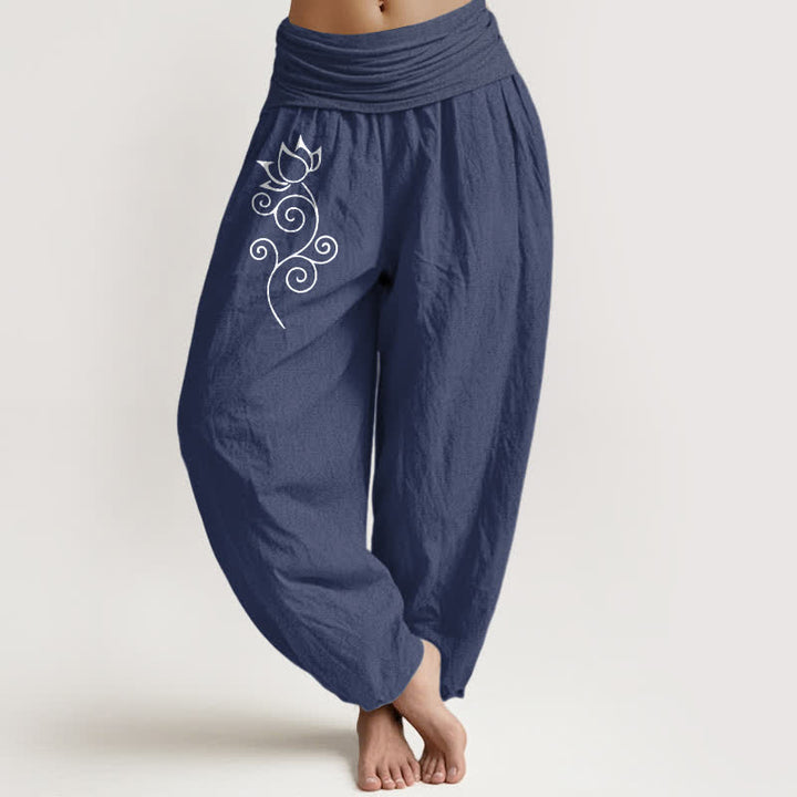 Buddha Stones Pantalones harem de mujer con cintura elástica, de algodón puro blanco y estampado floral de loto. - Azul pizarra oscuro - US16，UK/AU20，EU48 (3XL) - image 0