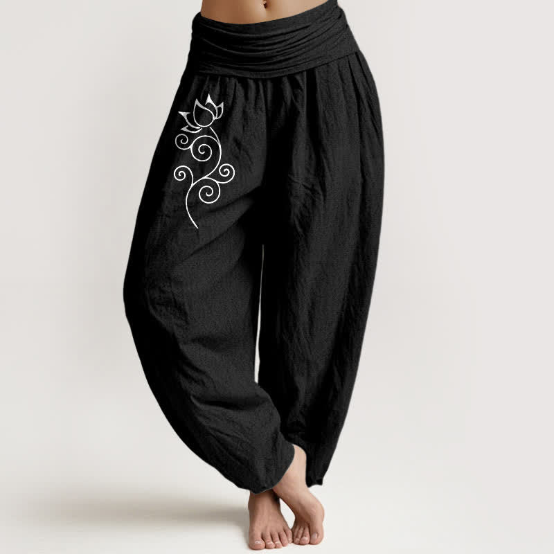 Buddha Stones Pantalones harem de mujer con cintura elástica, de algodón puro blanco y estampado floral de loto. - Negro - US16，UK/AU20，EU48 (3XL) - image 5