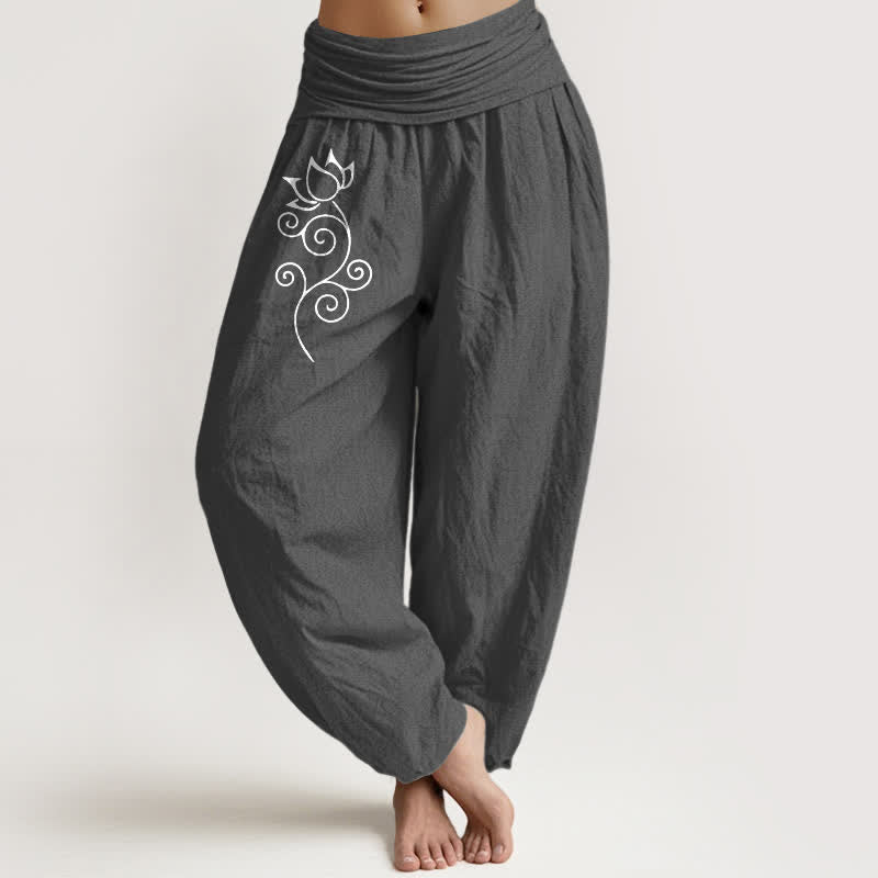 Buddha Stones Pantalones harem de mujer con cintura elástica, de algodón puro blanco y estampado floral de loto. - Gris oscuro - US16，UK/AU20，EU48 (3XL) - image 8