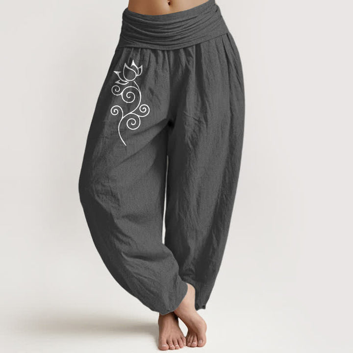 Buddha Stones Pantalones harem de mujer con cintura elástica, de algodón puro blanco y estampado floral de loto. - Gris oscuro - US16，UK/AU20，EU48 (3XL) - image 8