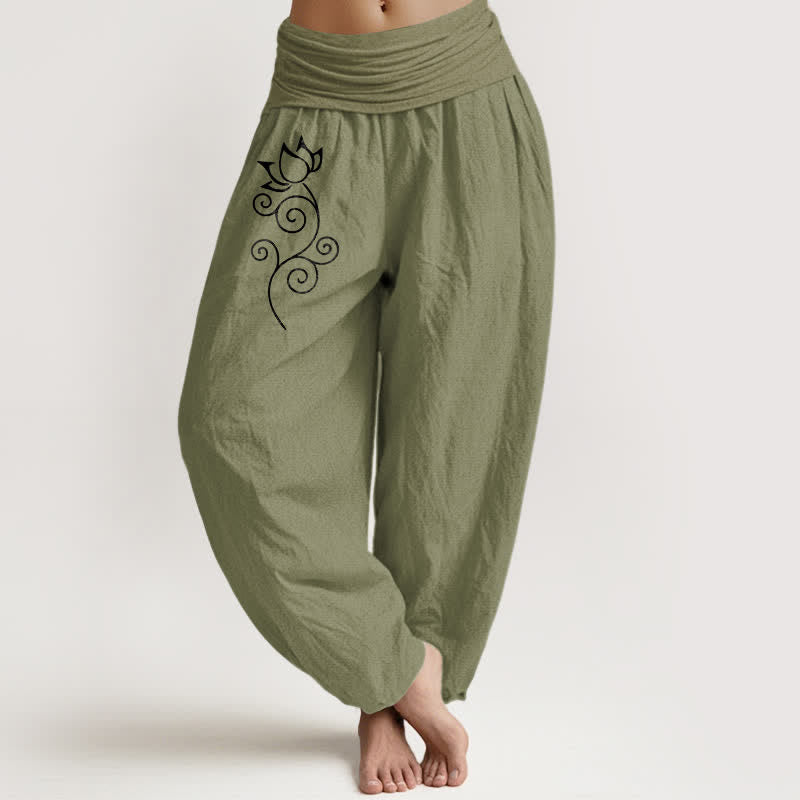 Buddha Stones Pantalones harem de mujer con cintura elástica, de algodón puro blanco y estampado floral de loto. - Verde oliva - US16，UK/AU20，EU48 (3XL) - image 14