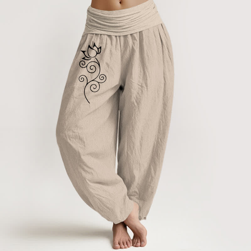 Buddha Stones Pantalones harem de mujer con cintura elástica, de algodón puro blanco y estampado floral de loto. - Broncearse - US16，UK/AU20，EU48 (3XL) - image 11