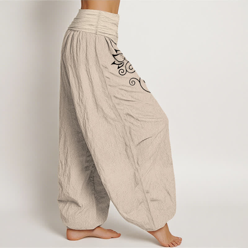 Buddha Stones Pantalones harem de mujer con cintura elástica, de algodón puro blanco y estampado floral de loto. - image 12
