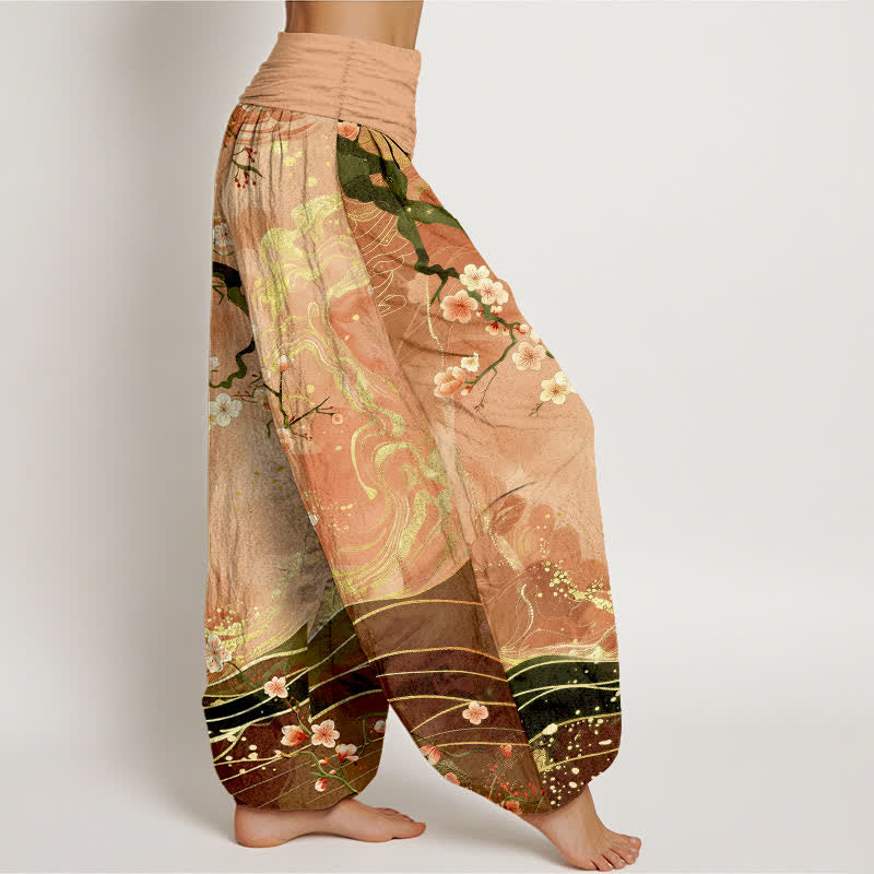 Buddha Stones Pantalones harem de mujer con cintura elástica y estampado de ramas de cerezo en flor de algodón puro. - image 1