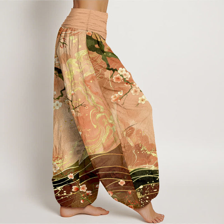 Buddha Stones Pantalones harem de mujer con cintura elástica y estampado de ramas de cerezo en flor de algodón puro. - image 1