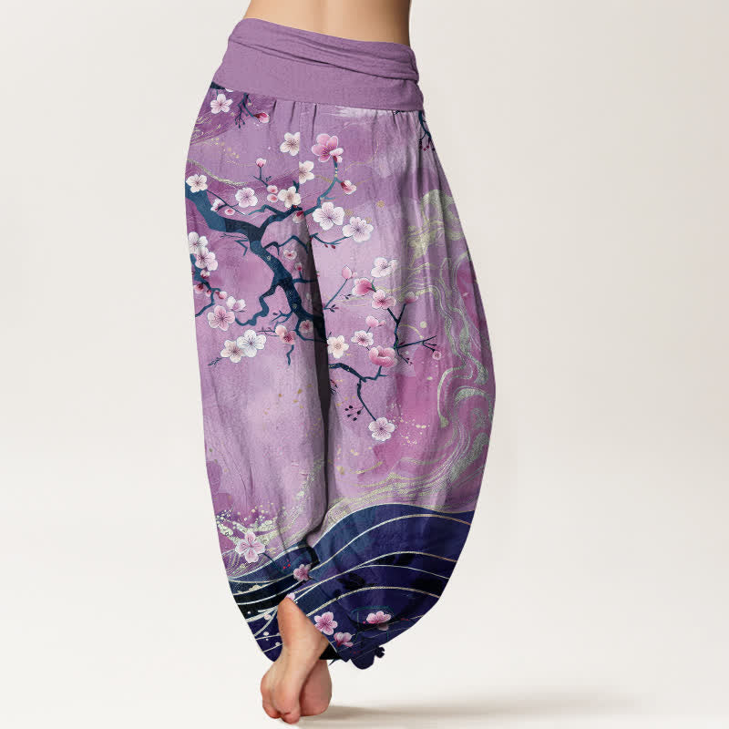 Buddha Stones Pantalones harem de mujer con cintura elástica y estampado de ramas de cerezo en flor de algodón puro. - image 7