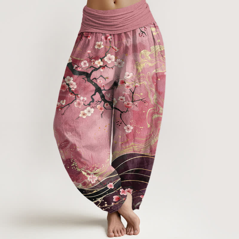 Buddha Stones Pantalones harem de mujer con cintura elástica y estampado de ramas de cerezo en flor de algodón puro. - Rojo violeta pálido - US16，UK/AU20，EU48 (3XL) - image 8