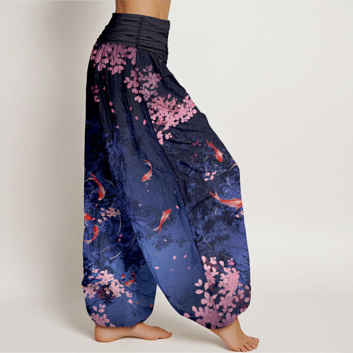 Buddha Stones Pantalones de mujer de algodón puro con estampado de peces koi y flores de cerezo, cintura elástica y bolsillos. - image 1