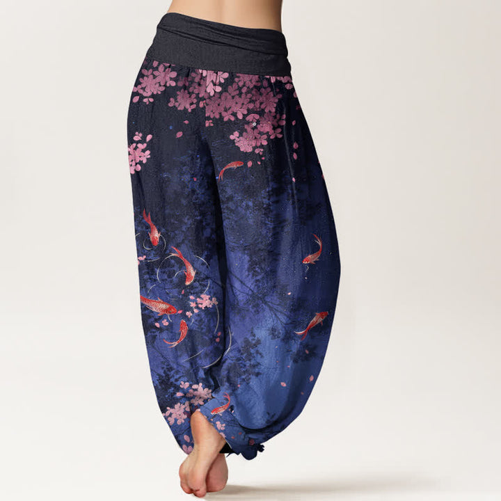 Buddha Stones Pantalones de mujer de algodón puro con estampado de peces koi y flores de cerezo, cintura elástica y bolsillos. - image 2