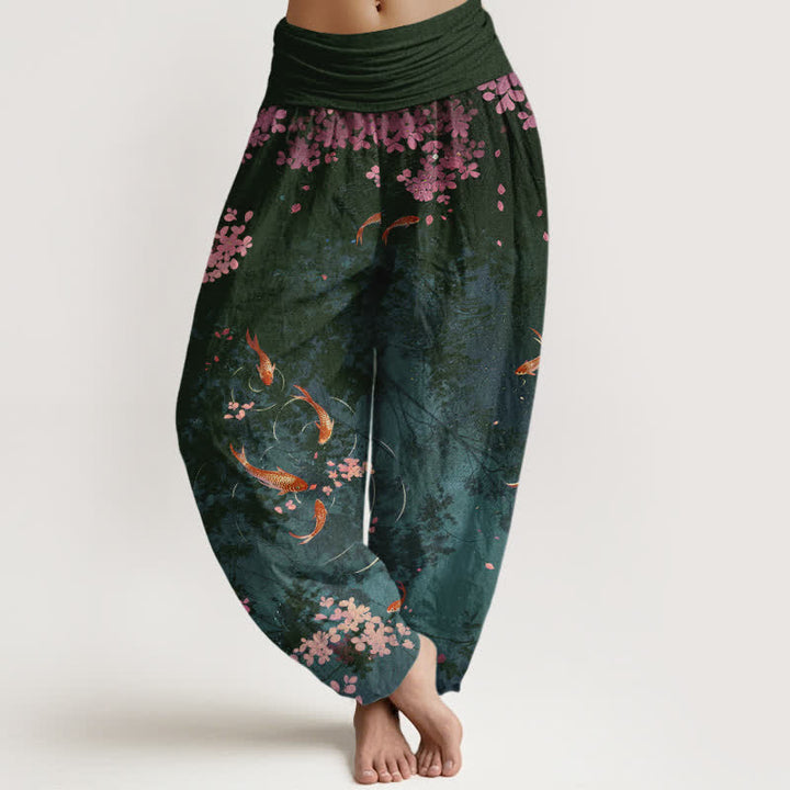 Buddha Stones Pantalones de mujer de algodón puro con estampado de peces koi y flores de cerezo, cintura elástica y bolsillos. - Gris pizarra oscuro - US16，UK/AU20，EU48 (3XL) - image 5