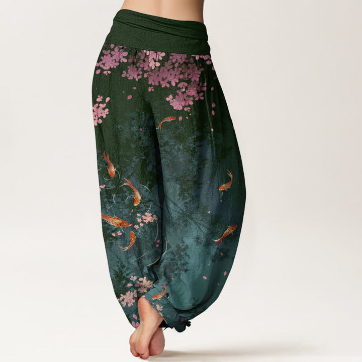 Buddha Stones Pantalones de mujer de algodón puro con estampado de peces koi y flores de cerezo, cintura elástica y bolsillos. - image 7