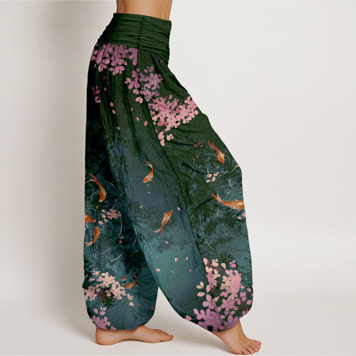 Buddha Stones Pantalones de mujer de algodón puro con estampado de peces koi y flores de cerezo, cintura elástica y bolsillos. - image 6