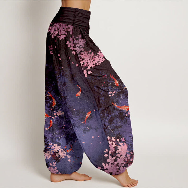 Buddha Stones Pantalones de mujer de algodón puro con estampado de peces koi y flores de cerezo, cintura elástica y bolsillos. - image 9