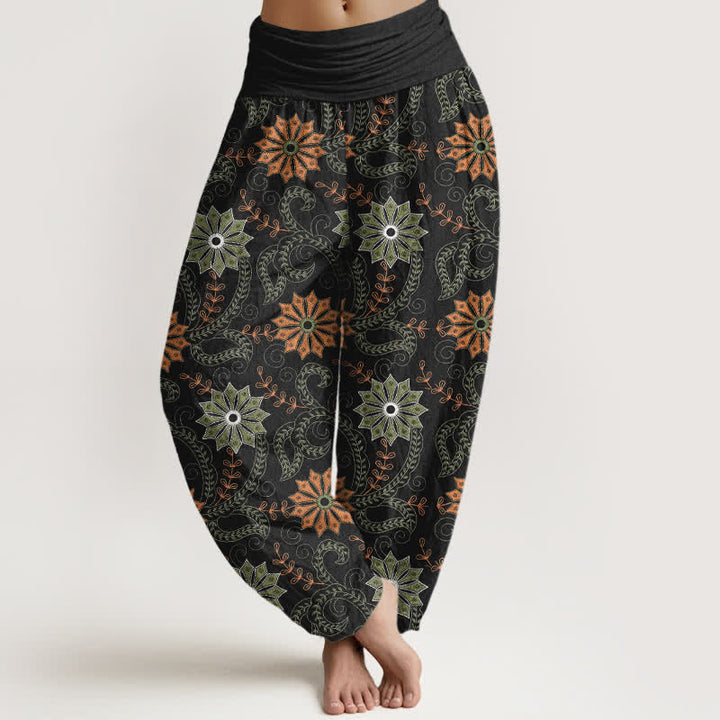 Buddha Stones Pantalones harem de algodón con estampado bohemio de mandala y enredaderas para mujer, con cintura elástica. - Negro - US16，UK/AU20，EU48 (3XL) - image 0