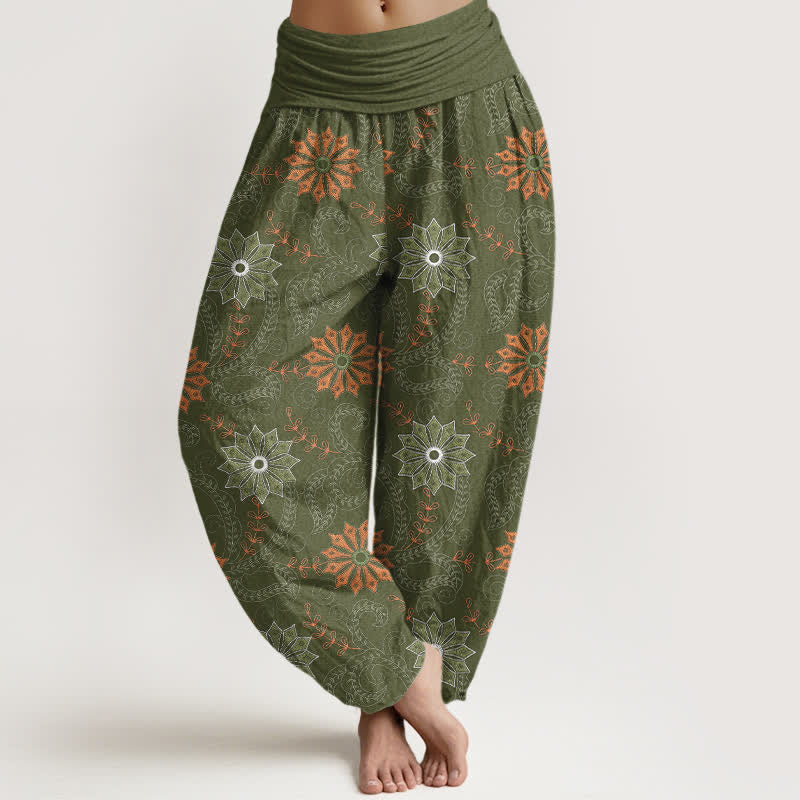 Buddha Stones Pantalones harem de algodón con estampado bohemio de mandala y enredaderas para mujer, con cintura elástica. - Verde oliva oscuro - US16，UK/AU20，EU48 (3XL) - image 8