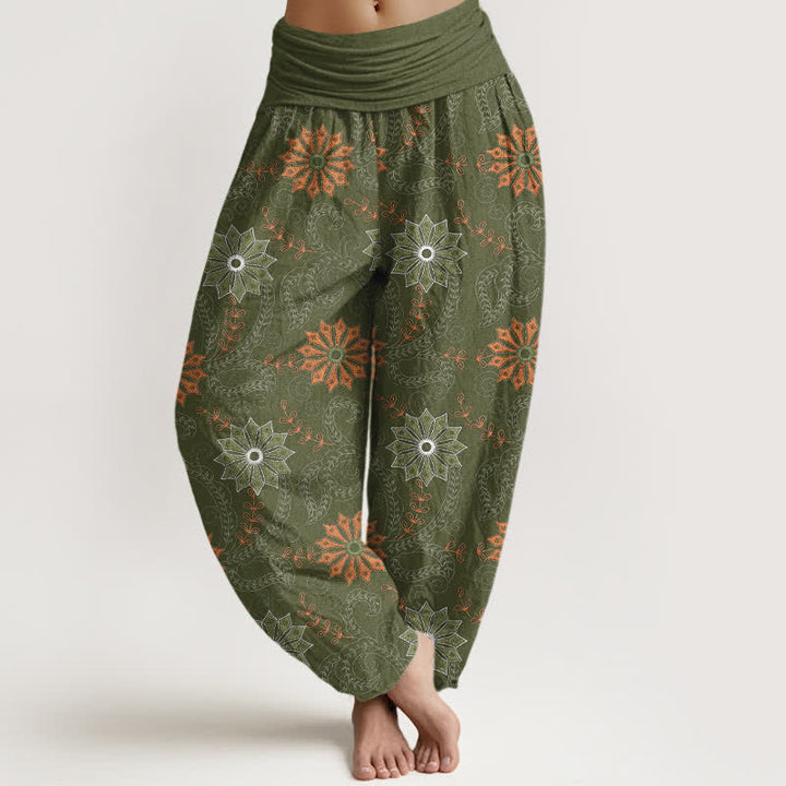 Buddha Stones Pantalones harem de algodón con estampado bohemio de mandala y enredaderas para mujer, con cintura elástica. - Verde oliva oscuro - US16，UK/AU20，EU48 (3XL) - image 8