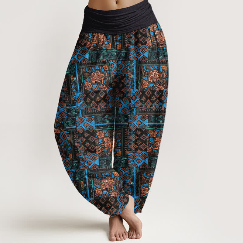 Buddha Stones Pantalones harem de mujer con cintura elástica y estampado geométrico bohemio de algodón puro para mujer. - Negro - US16，UK/AU20，EU48 (3XL) - image 0