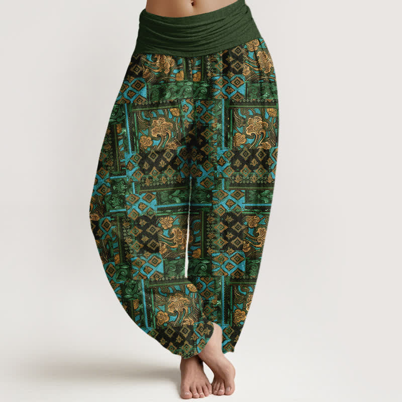 Buddha Stones Pantalones harem de mujer con cintura elástica y estampado geométrico bohemio de algodón puro para mujer. - Verde oliva oscuro - US16，UK/AU20，EU48 (3XL) - image 5