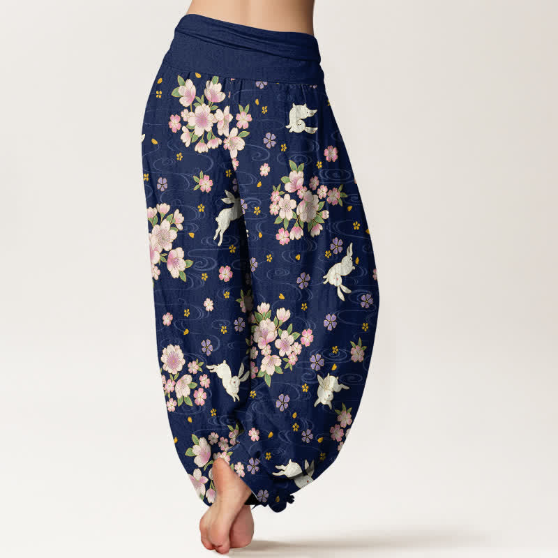 Buddha Stones Pantalones harem de algodón puro con estampado floral de conejo para mujer con cintura elástica. - image 2
