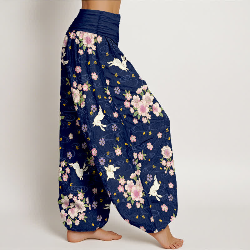 Buddha Stones Pantalones harem de algodón puro con estampado floral de conejo para mujer con cintura elástica. - image 1
