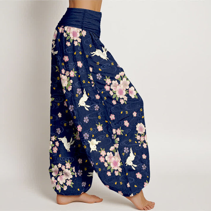 Buddha Stones Pantalones harem de algodón puro con estampado floral de conejo para mujer con cintura elástica. - image 1